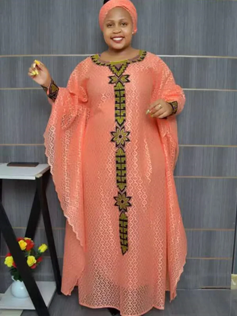 

African Dresses for Women Muslim Fashion Lace Boubou Dashiki Traditional Africa Clothes Ankara Outfits Evening Gown with Headtie