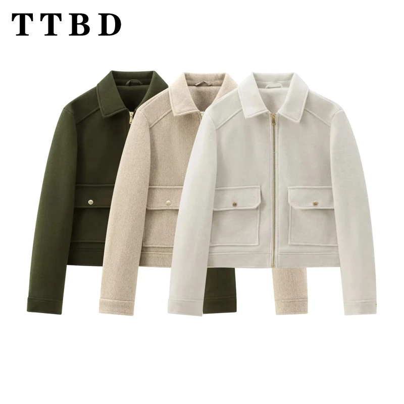 

TTBD 2024 Fall Winter New Women's Fashion Short Jacket with blended tweed pockets women Casual Basics Long sleeve lapel coat