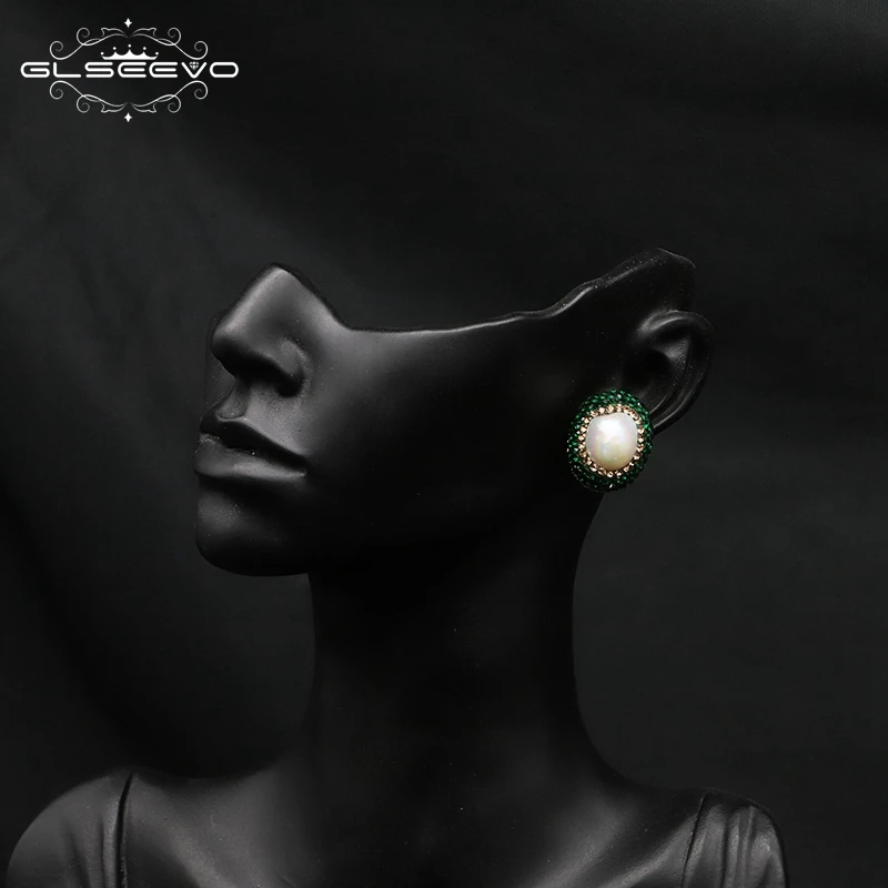 GLSEEVO Vintage Baroque Big Oval Pearl Stud Earrings for Women Luxury Green Color Earring Trendy Wedding Party Jewelry