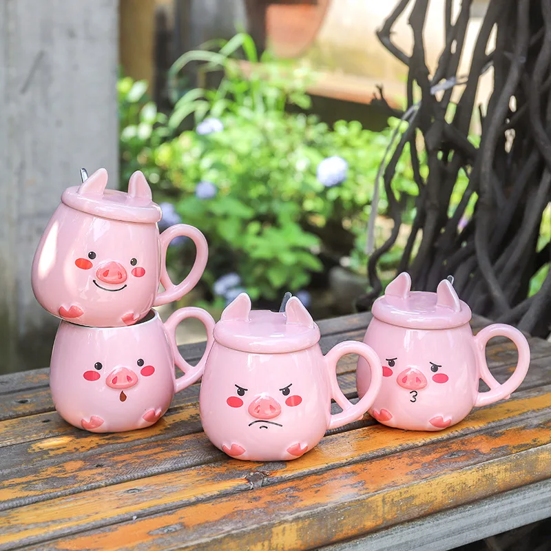 Japanese Pink Pig Ceramic Cup with Spoon Cartoon Cute Office Tea Coffee Mugs Creative Gift Mugs for Girls Water Bottle