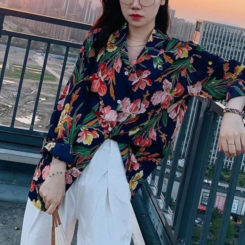 Fashion Casual 2024 Summer New Blouses Women Spliced Printed Plant&Flowers V-Neck Loose Retro Long Sleeve Single-breasted Shirts