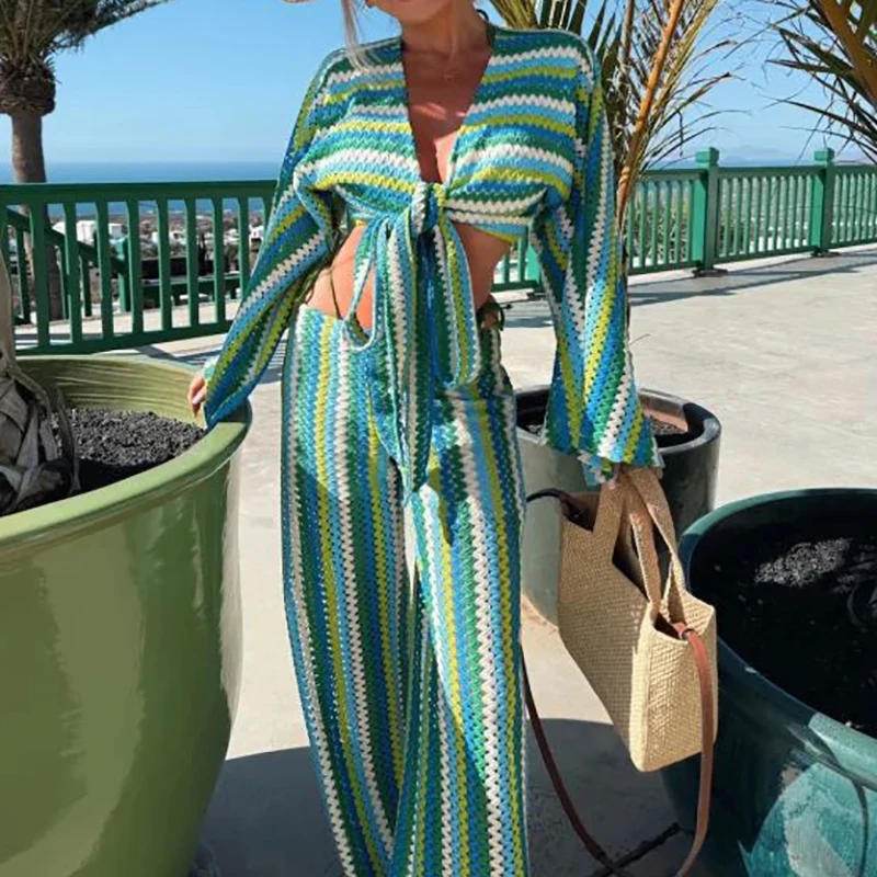 

2025 Summer V-neck Long Sleeved Top & Pants Women's Outfit Fashion Crop Tie Up Holiday Suit Bohemian Striped Printed Knitted Set