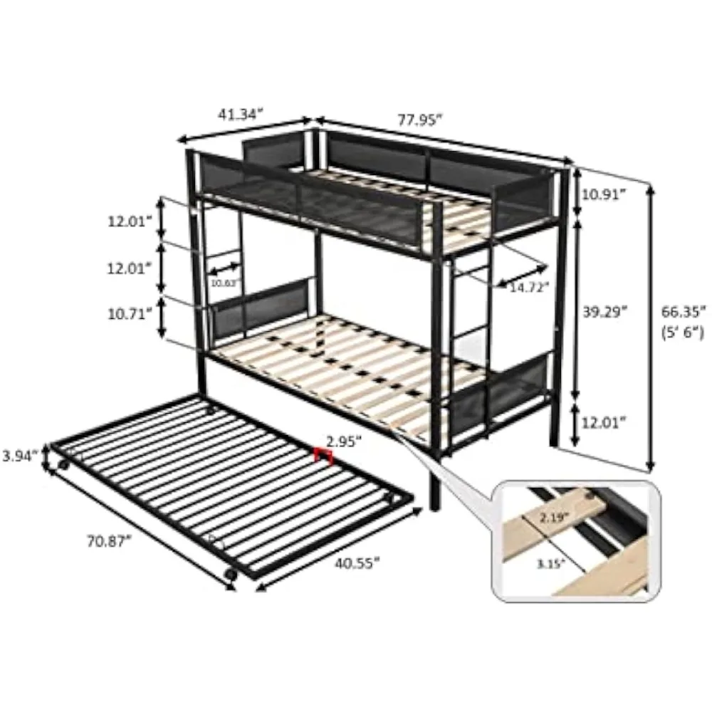 Litera de Metal Twin sobre Twin con Trundle, literas de servicio pesado con barandillas de textelina y listones de madera