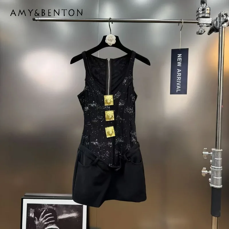 

2025 Summer French Retro Style Square Collar Sleeveless Metal Buckle Decoration Shiny Waist Dress For Women