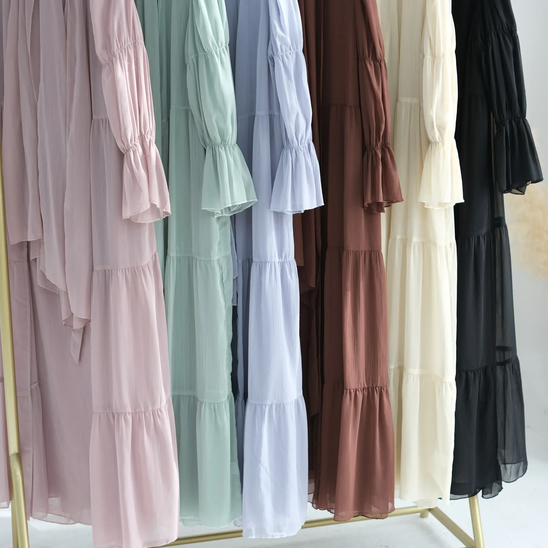 ชีฟอง SHEER เปิด Abaya ชุด Hijabi มุสลิมสตรี Ramadan เสื้อผ้าอิสลามดูไบตุรกี Kaftan Crepe Kimono เปิด Abayas