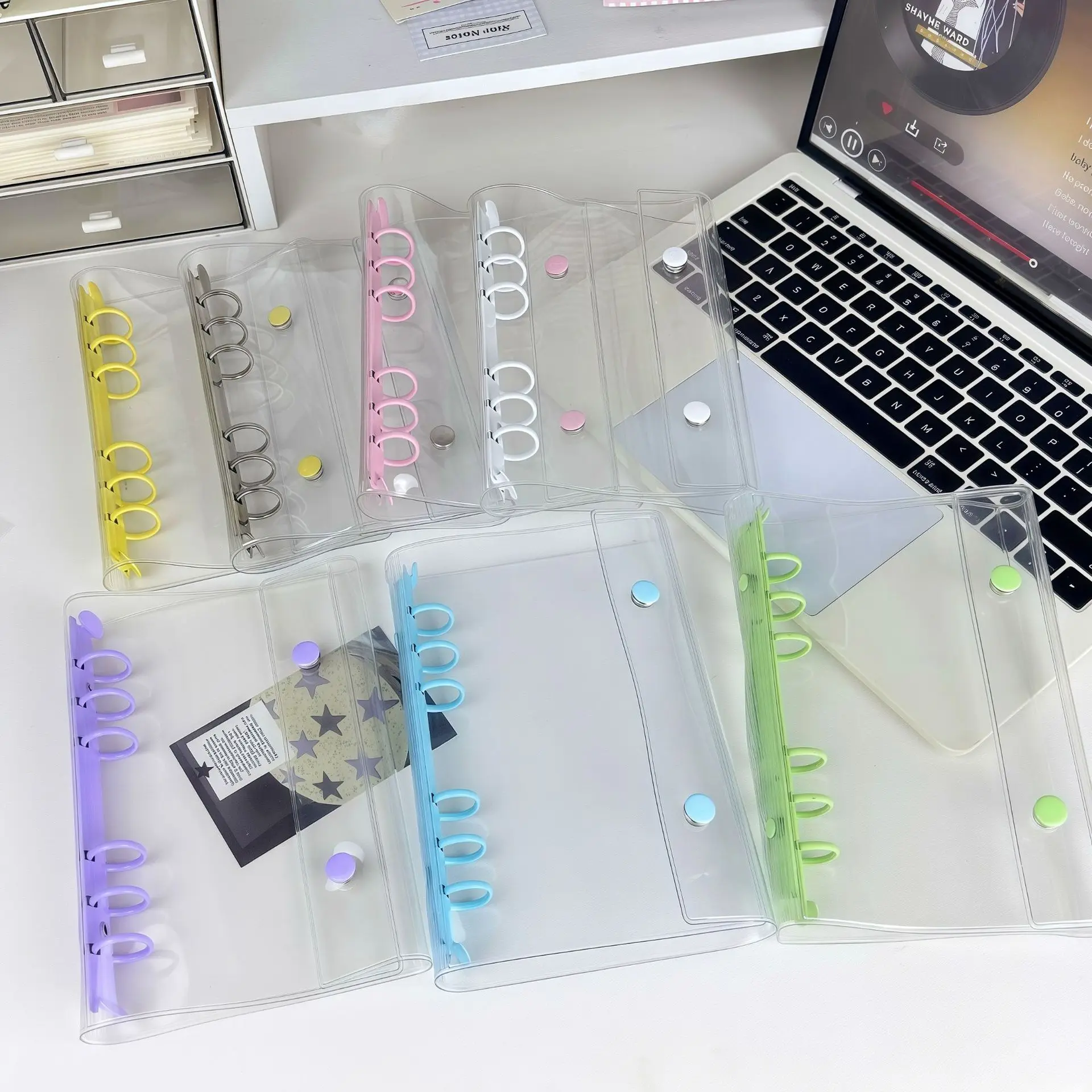 A6 Tri-Fold Kpop Binder Dpuble Button PVC Clear Cover Photo Album for Idol Photocards, 6-Ring Scrapbook Planner Storage