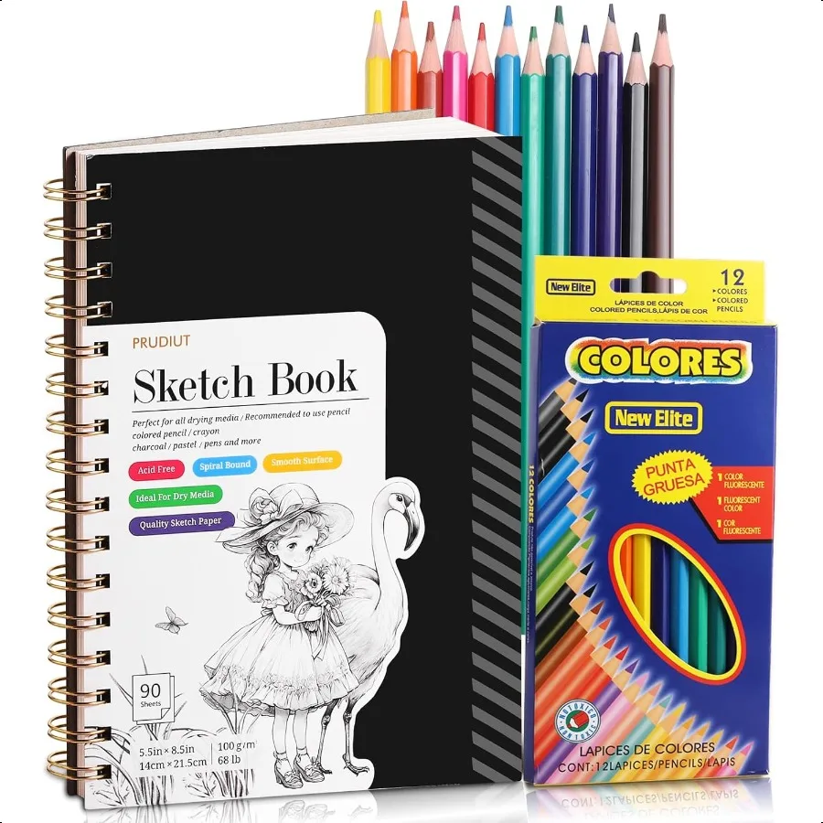 Sketch Book with 12 Color Pencil Set 90 Sheets Spiral Sketchbook for Drawing 68lb 100gsm AcidFree Sketch Pad for Artist Art Pap