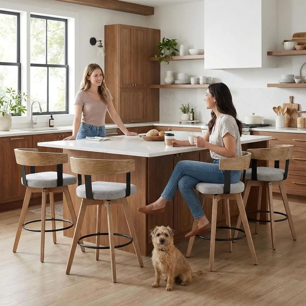 

Набор из 4 серых льняных вращающихся барных стульев с деревянной спинкой, высота сиденья 26,25 дюймов, для кухонного острова или столовой