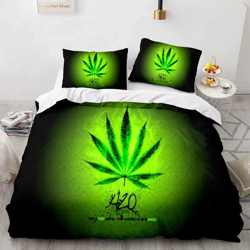 Marijuana Weed Leaf King Queen Duvet Cover Green Maple Leaves Bedding Set for Adults Palm Leaves 2/3pcs Polyester Quilt Cover