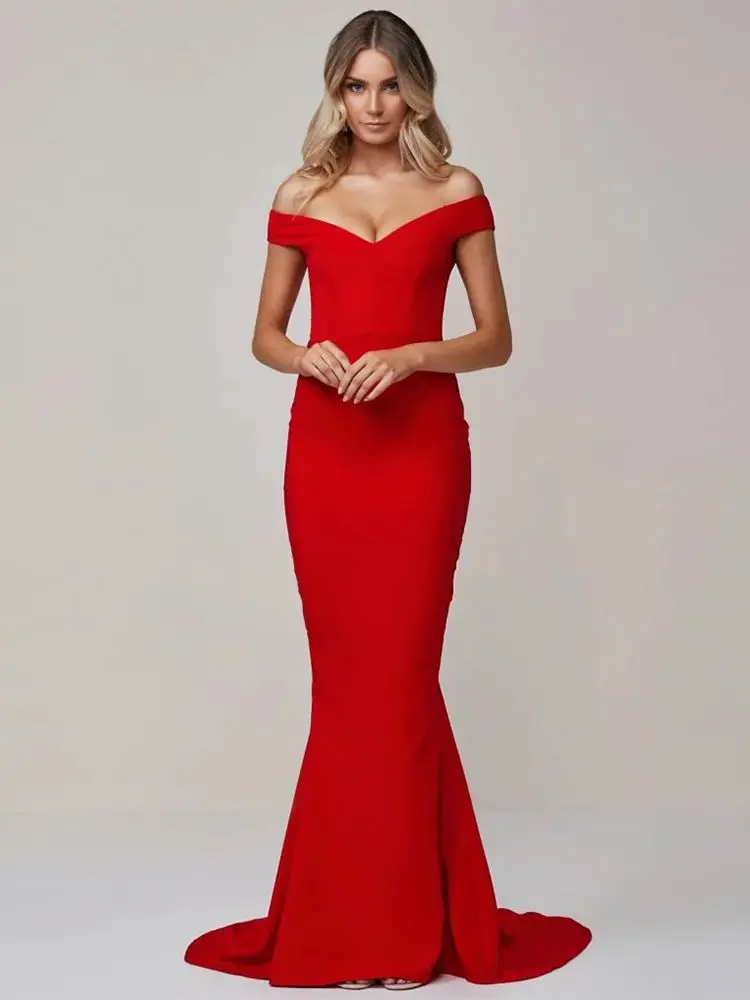 Romagic Off Shoulder Formal Evening Party Dress Elegant Red Stretchy Low Cut Padded Mermaid Backless Wedding Ball Gown Summer