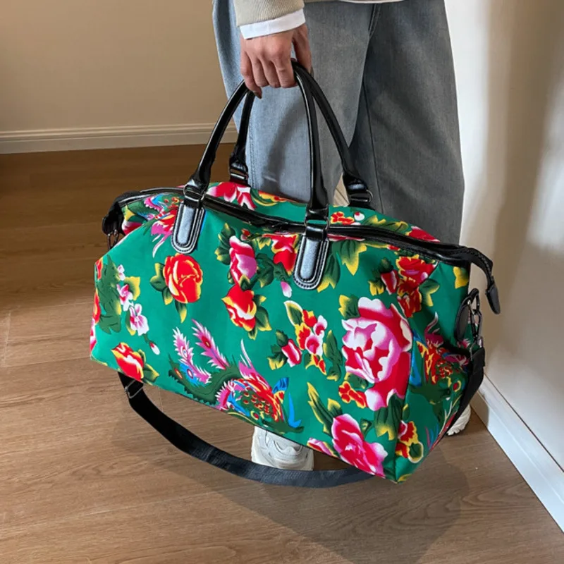 Handheld Luggage Bag Trendy New Ethnic Style Big Flower Cloth Fashionable Handheld Large Capacity Peony Flowers for Menand Women