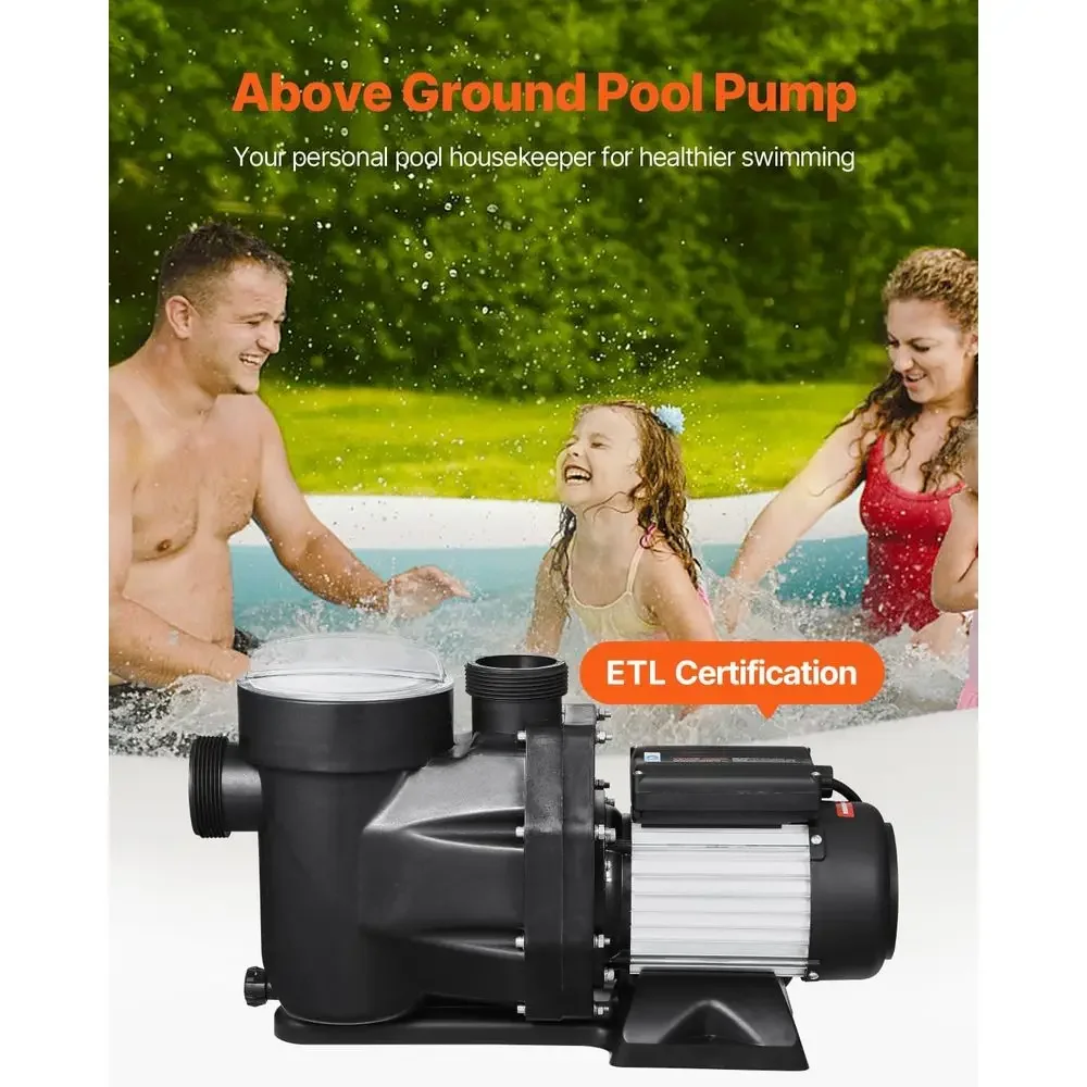 2 HP Above Ground Pool Pump, Single Speed, 220V, 3450 RPM, 61 GPM Max Flow, PP Strainer Basket, Suitable for Pools and Spas
