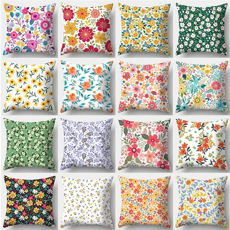 Flower Pillowcase 45cmX45cm Square Sofa Pillow Cover Watercolor Flowers Cushion