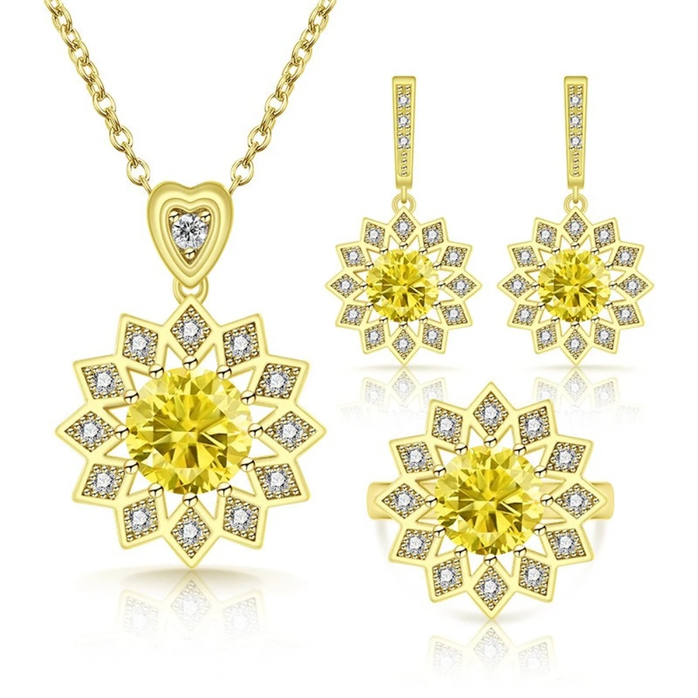 Exquisite 925 sterling silver flower gold jewelry set - ring, earrings, necklace. Women's accessory. 3