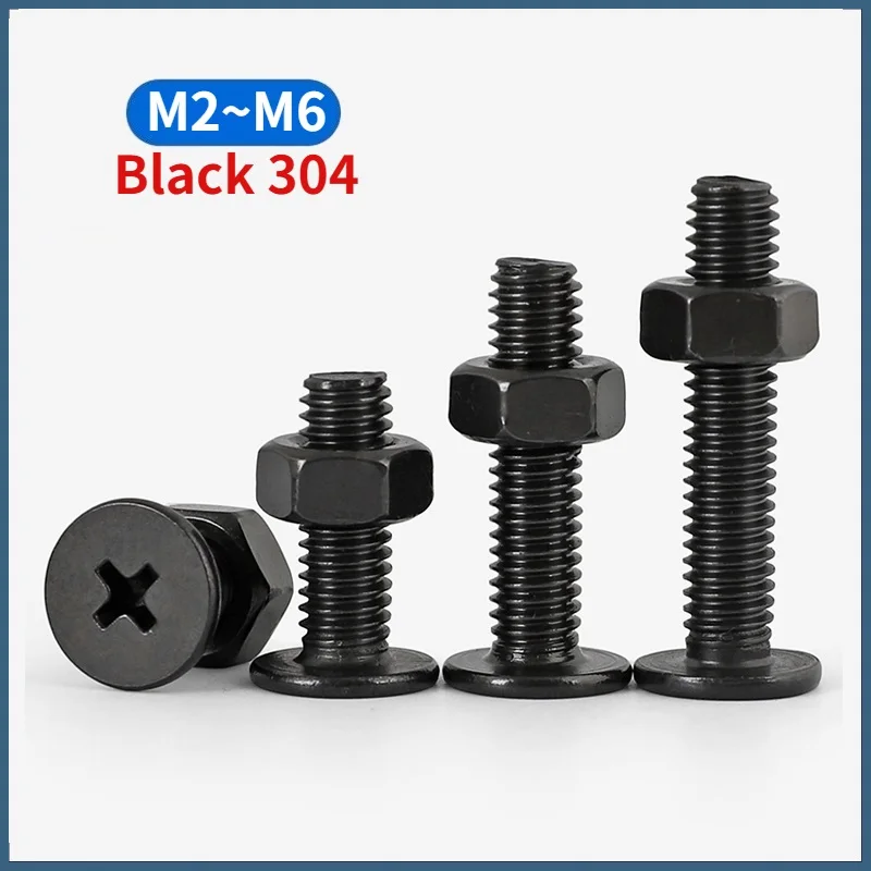 Black 304 Stainless Steel Phillips Ultra Thin Wafer Flat Head Low Profile Screws Bolt and Hexagon Full Nuts Set M2 - M6