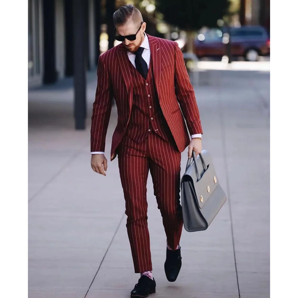 

2023 New Style Men Wedding Suits Red Stripe Peak Lapel Business Casual Formal Costume Homme Slim Fit 3 Pcs Set Jacket Vest Pants