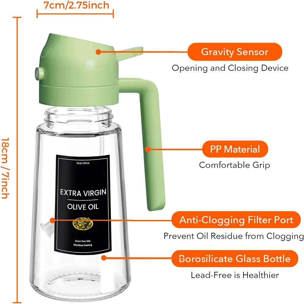 Oil Sprayer for Cooking,2in1 Olive Oil Dispenser Bottle for Kitchen with Stickers,16oz/470ml Premium Glass,Food-grade Oil Mister