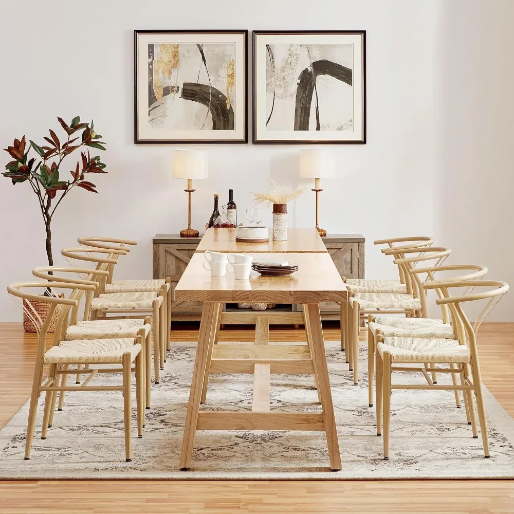 ترقية جديدة - مجموعة كراسي تناول الطعام المنسوجة مكونة من 4 كراسي غرفة طعام حديثة في منتصف القرن مقعد منسوج من القنب، لون خشبي، متينة وقوية