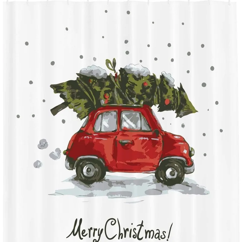 Vintage Red Car Christmas Tree Snowflake Hand Painted Shower Curtain Waterproof Bathroom Decor with 12 Hooks No Drilling