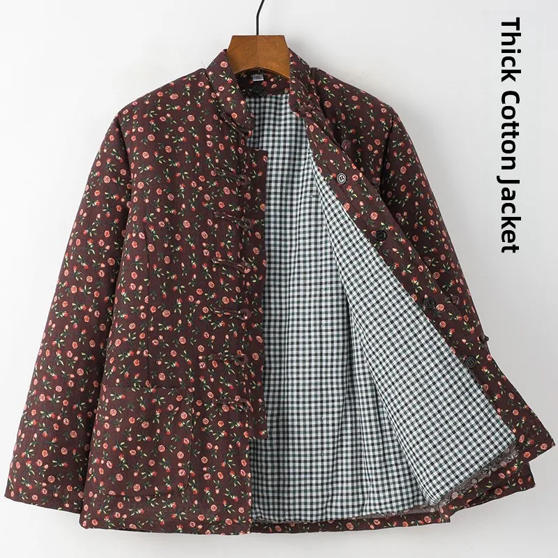 

Thiened Хлопковое стеганое пальто для женщин среднего возраста и ли со съемным цветочным узором Удобная зимняя куртка свободного покроя