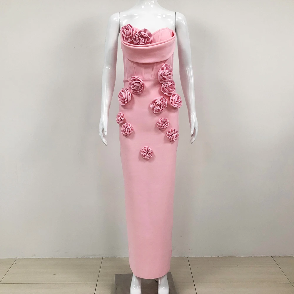 GORAFASHION New Three-dimensional Rose Flowers Tight Dress Birthday Party Celebrity Dress Bodycon Elegant Women Bandage Dress