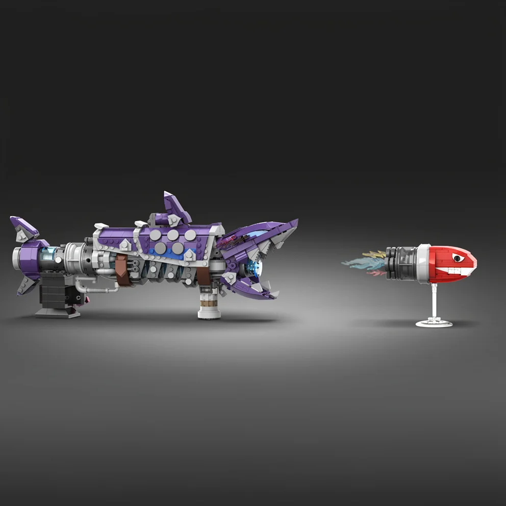 MOC Shark Rocket Launcher Building Blocks Game Prop Fishbone Cannon Model Bricks DIY Assembly Desktop Decor Adult Gift