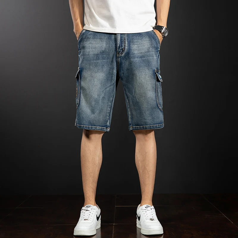 Shorts jeans para bordado masculino, tamanho grande, bolso múltiplo solto, tendência de rua americana, shorts retrô pirata de verão