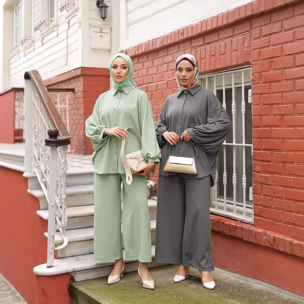

2Pcs Women Casual Solid Color Lapel Tops and Pants 2 Piece Set Muslim Clothing Turkey Kaftan Dubai Femme Musulmane Ensembles