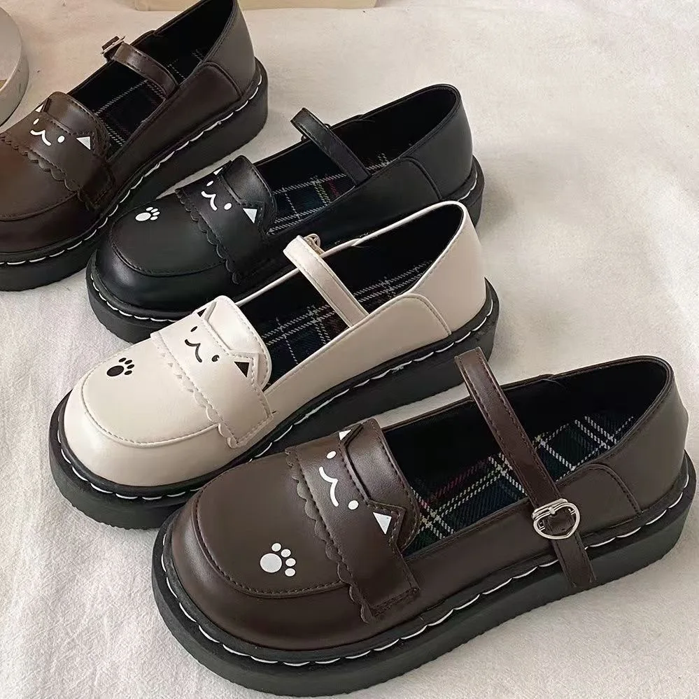 Cute British Style Japanese  Print Student Shoes Versatile Mary Janes Low Heel round Toe Fashionable Flat Footwear