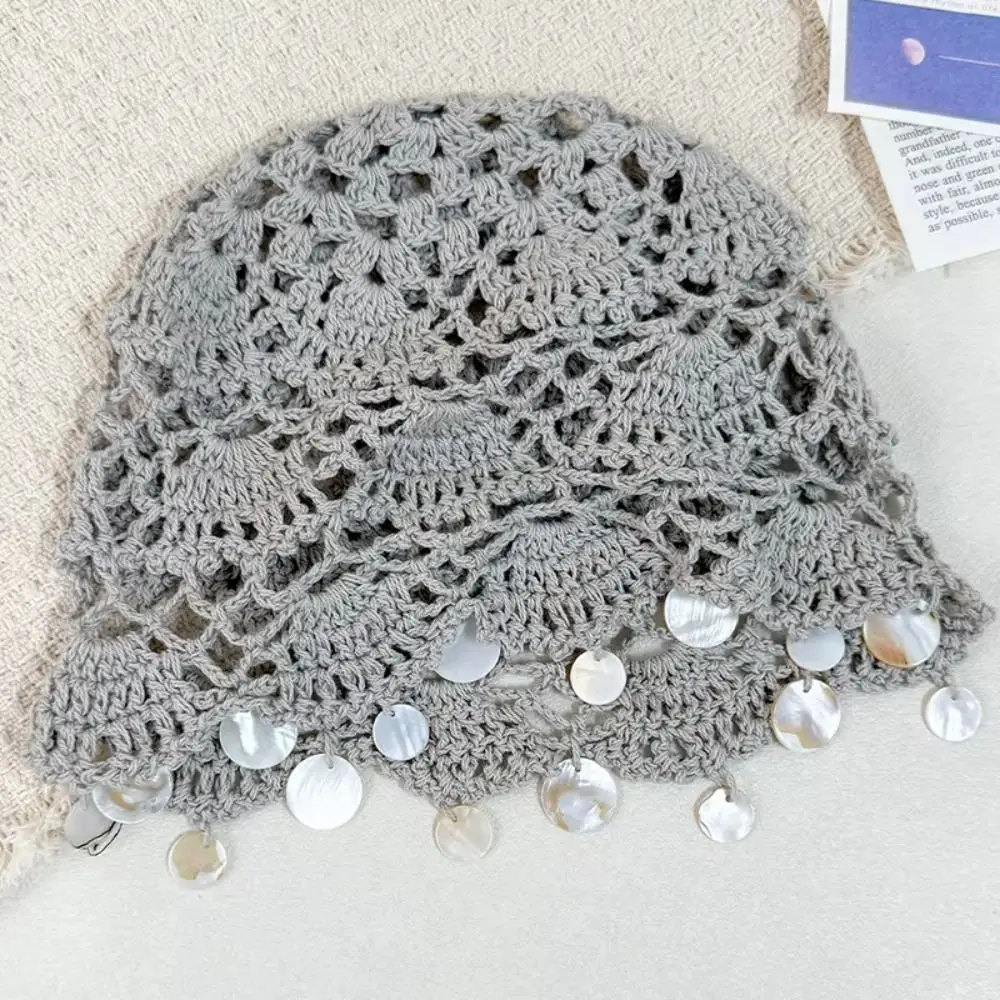 Fashion Elegant Hollowed Out Knitted Hat Solid Color Ethnic Style Shell Tassels Hat Thin Korean Bohemian Style Beanies Outdoor