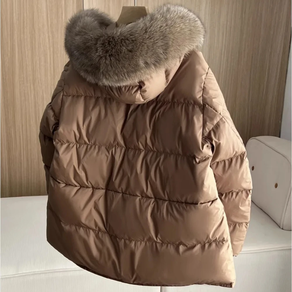 OFTBUY White Duck Down Coat Hooded 2024 New Fashion Winter Real Fur Fox Fur Collar Jacket Cape Puffer Coat Women Slim Short Warm