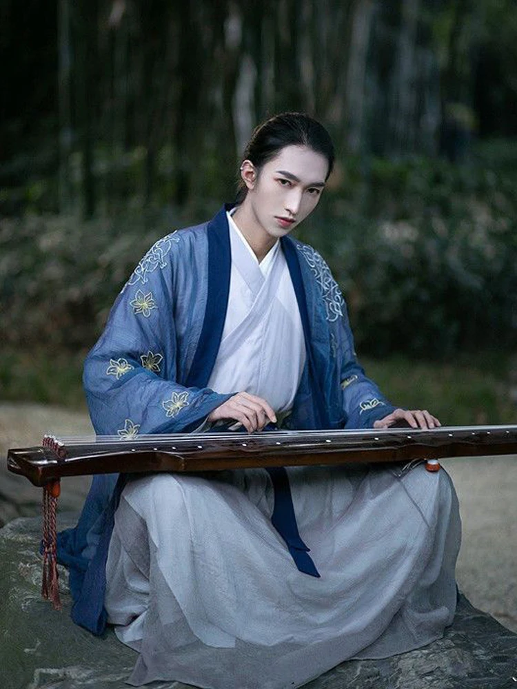 Hanfu amantes das mulheres dos homens cp diariamente bordado roupas antigas wei jin estilo gola cruzada cintura super imortal terno primavera verão