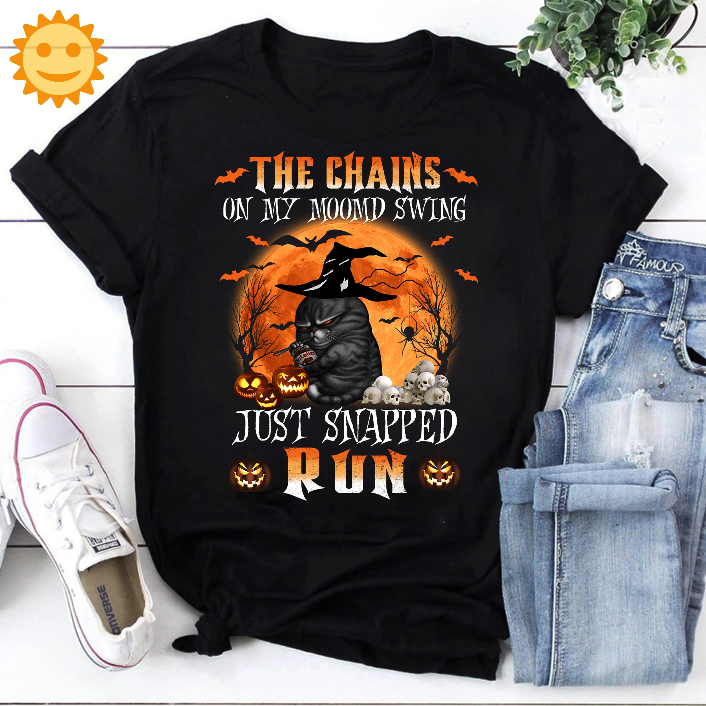 Cat Witch Funny The Chains On My Mood Swing Just Snapped Vintage T Shirt Lovers Halloween