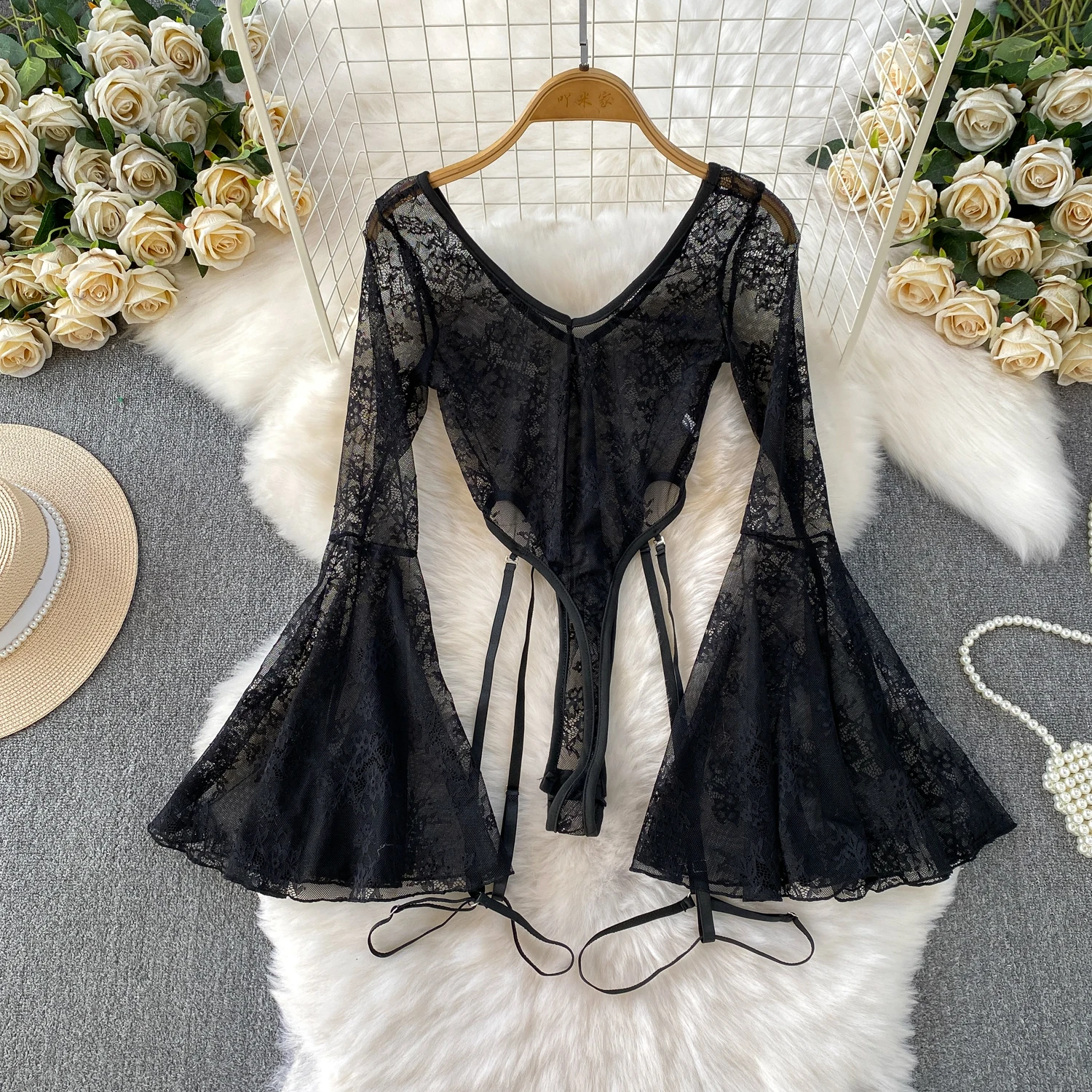 Hotsweet Vintage V-neck Elegant Sleeveless flare sleeve Bodysuits Slim Top French Streetwear High Street Clothing