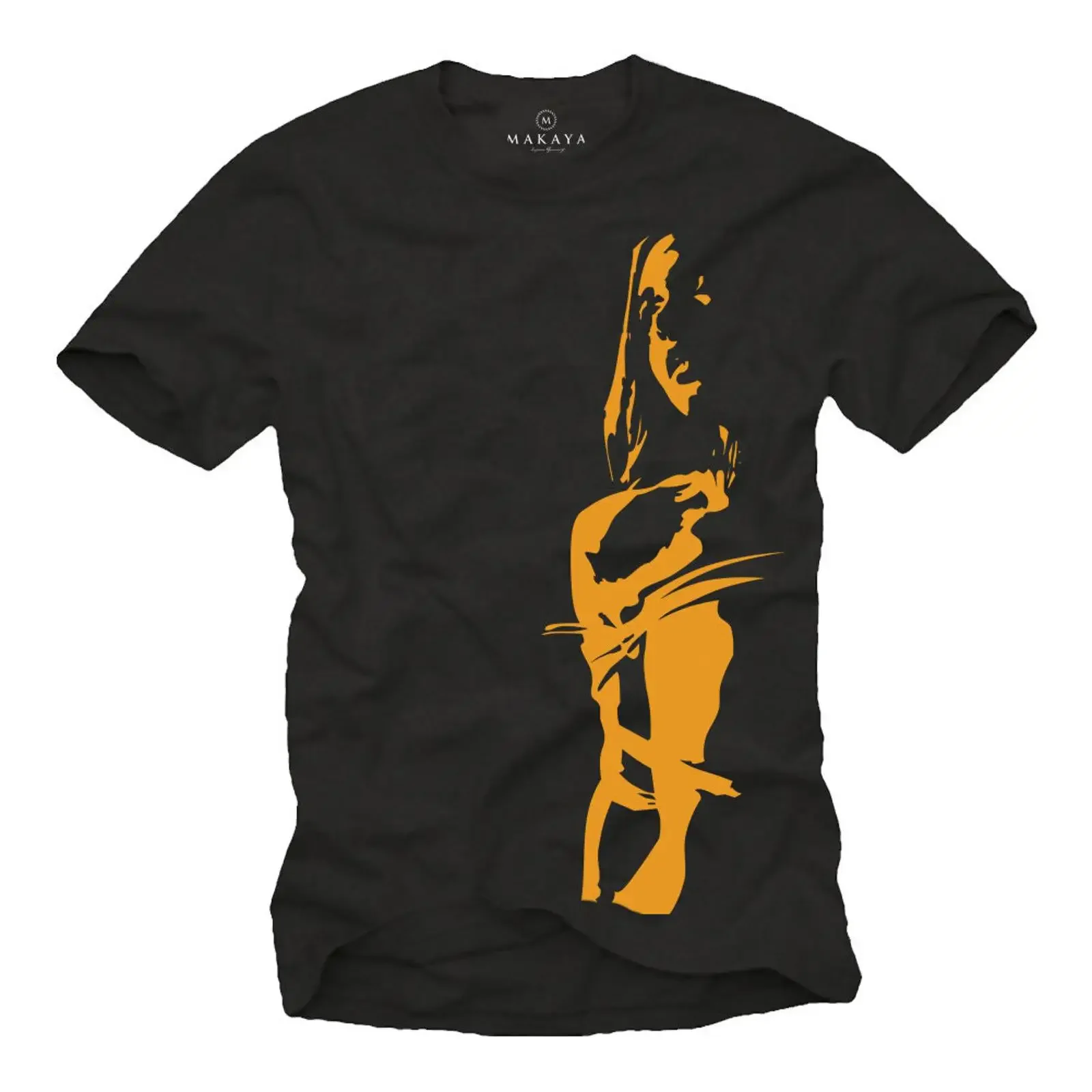 MAKAYA Black  Crew Neck T Shirt Orange Stylized Figure Silhouette  vintage Washed fashion graphic Unisex designer clothes