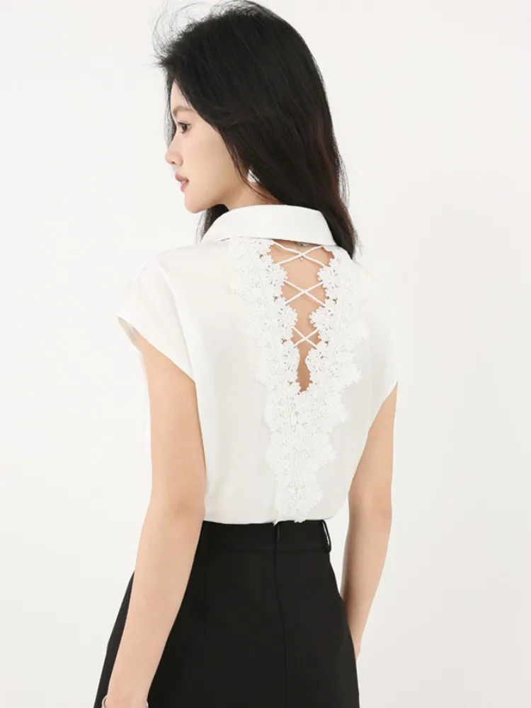 

Кружевной топ с вырезами и вставками, женский летний, уникальный, красивый, с коротким рукавом, в корейском стиле, свободного кроя, с воротником