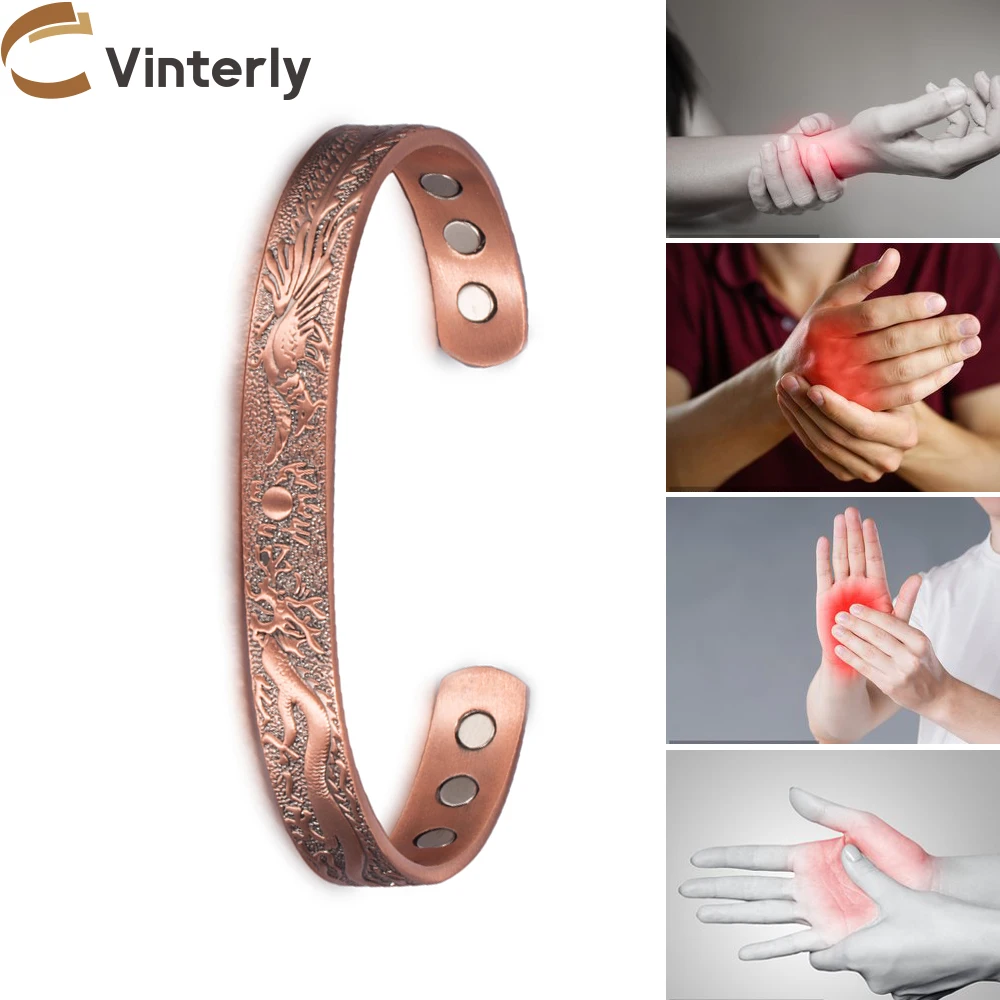 Vinterly Pure Copper Bracelet for Women Adjustable Dragon Phoenix Vintage High Magnet Bangles Benefits for Arthritis Pain Relief