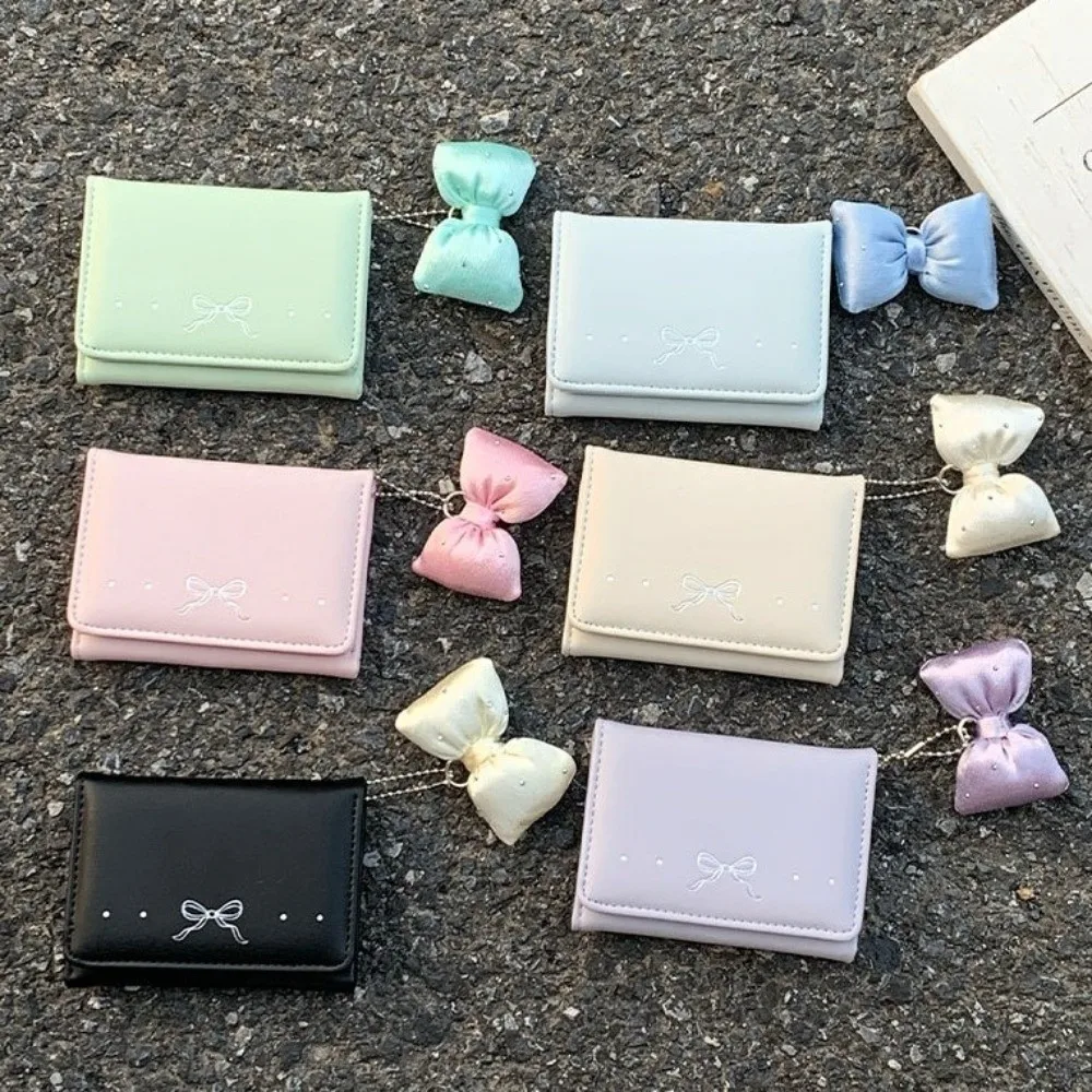 Sweet Pendant Bow Wallet Solid Color Korean Style Short Wallet Foldable Multi-functional Mini Card Holder School