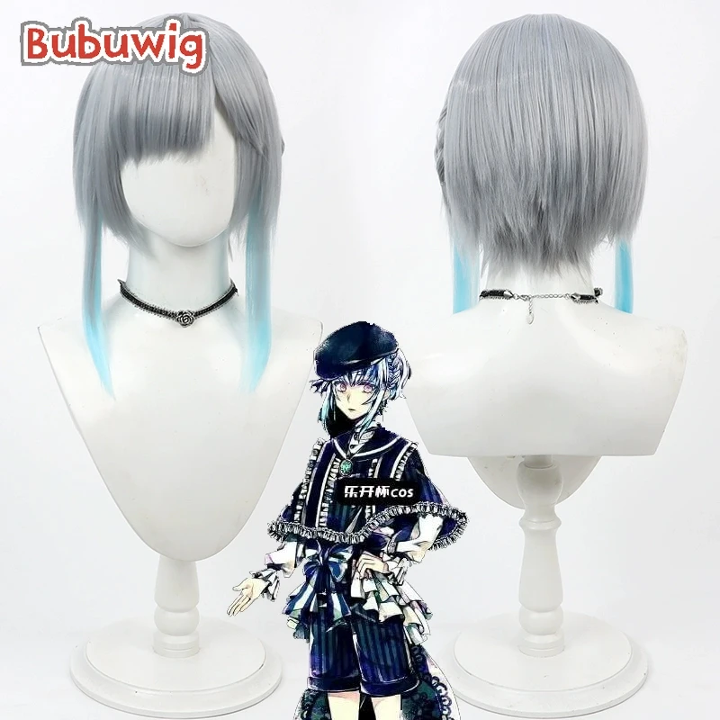 

Bubuwig Synthetic Hair Flure Garcia Cosplay Wigs Devil Butler with Black Cat English Short Gray Mixed Blue Wig Heat Resistant