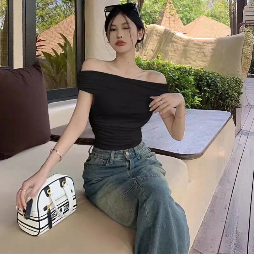 Sexy oulder Bared ort Sve One oulder T irt femmes coupe ajustée Base irt été pur désir décontracté haut pour femme