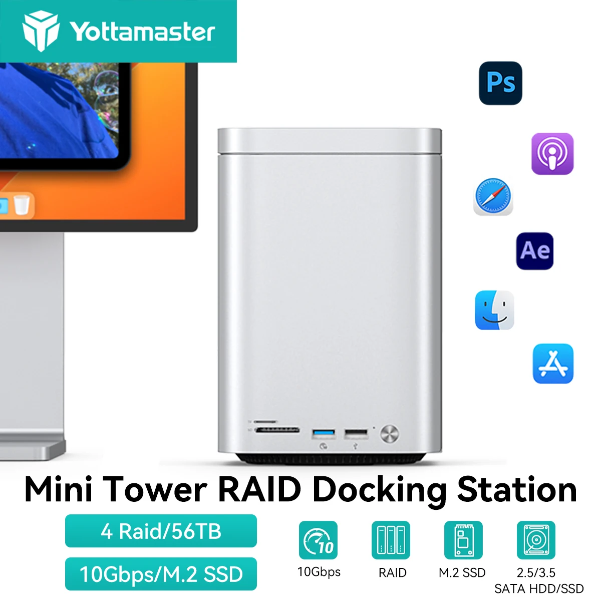 

Чехол Yottamaster 2,5/3,5 дюйма RAID, 10 Гбит/с, мини-башенная док-станция DAS M.2 NVMe SATA, док-станция USB-концентратора из алюминиевого сплава для Mac Mini M4