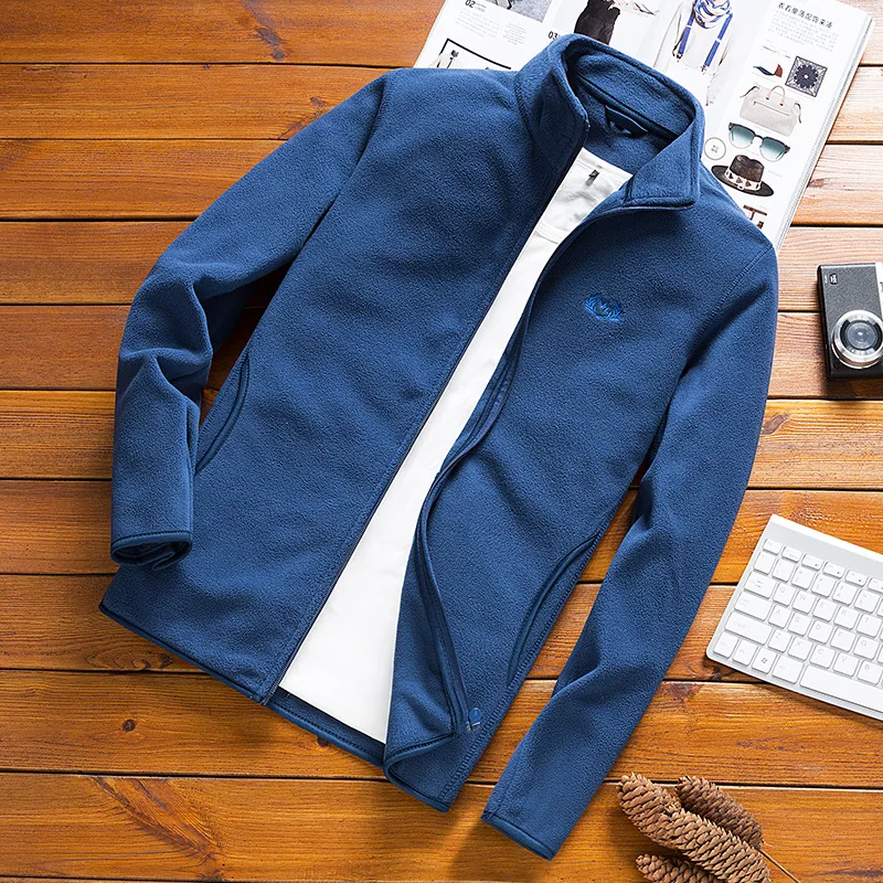 Commuting Outdoor Leisure Men Polar Fleece Zip Coat Stand Collar Designs Windproof Warm Jacket Male Plus Size 4XL Embroidery Top