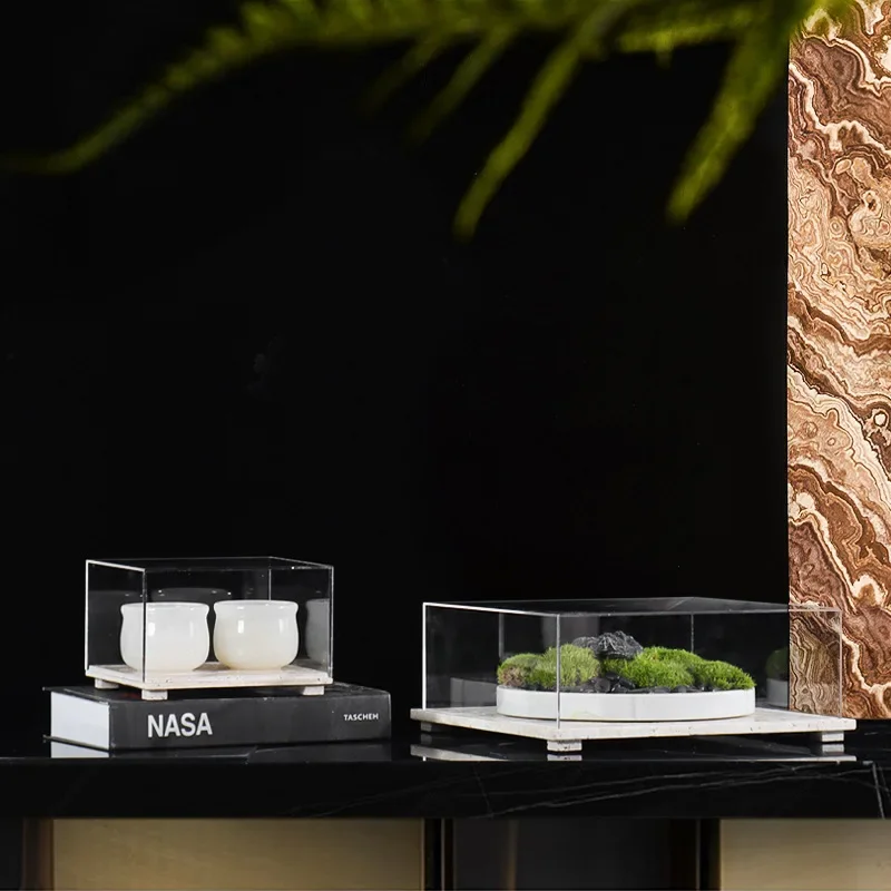 

Clear Acrylic Display Case with Travertine Base Dustproof Protection Showcase for Collectibles Figurines Cake Dessert