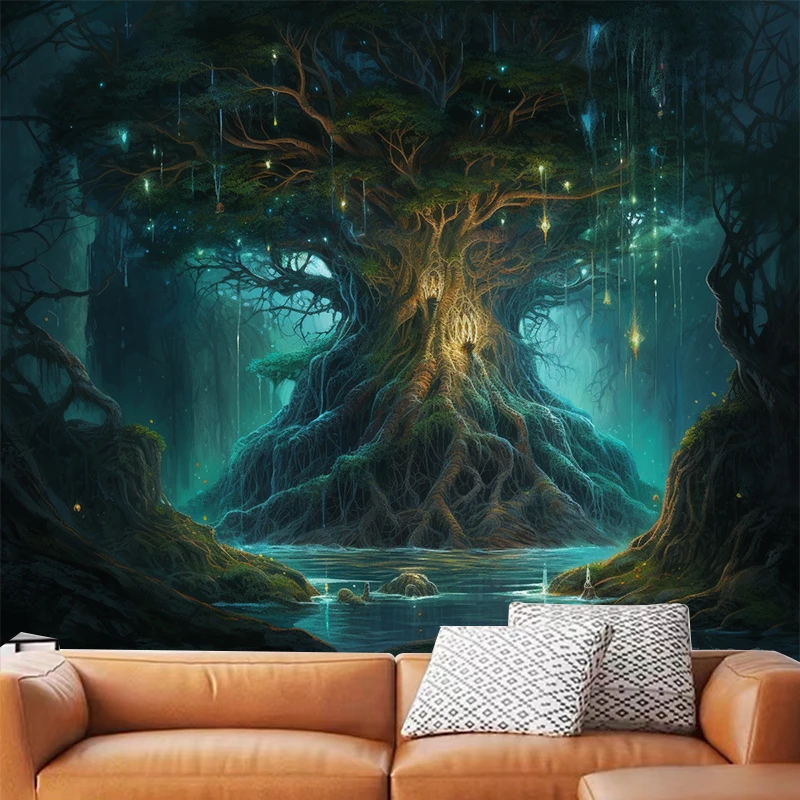 European and American Fantasy Forest with Tree of Life Print Wall Tapestry Bohemian psychedelic style Datura background Tapestry