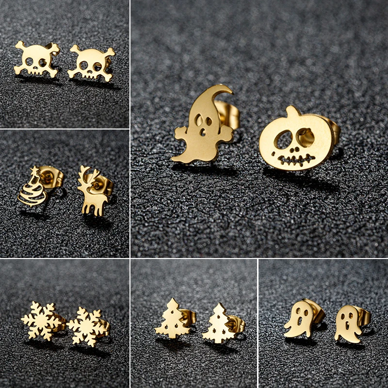 Gothic Christmas Earrings Stainless Steel Pumpkin Ghost Pirate Skull Earings for Women Fashion Deer Snowflake Studs Gifts