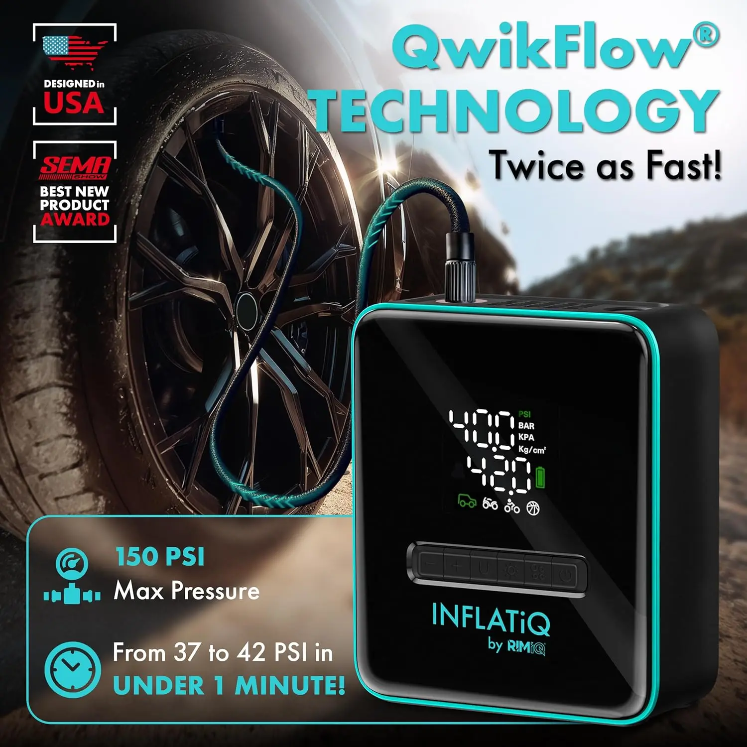 Portable Tire Inflator with Fast QwikFlow Tech, Dual Power Options for Cars, Trucks, Bikes - Auto Shut-Off