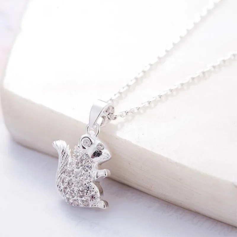 New Arrival Popular Cute Animal Temperament 925 Sterling Silver Jewelry Crystal Small Squirrel Female Pendant Necklaces XL233