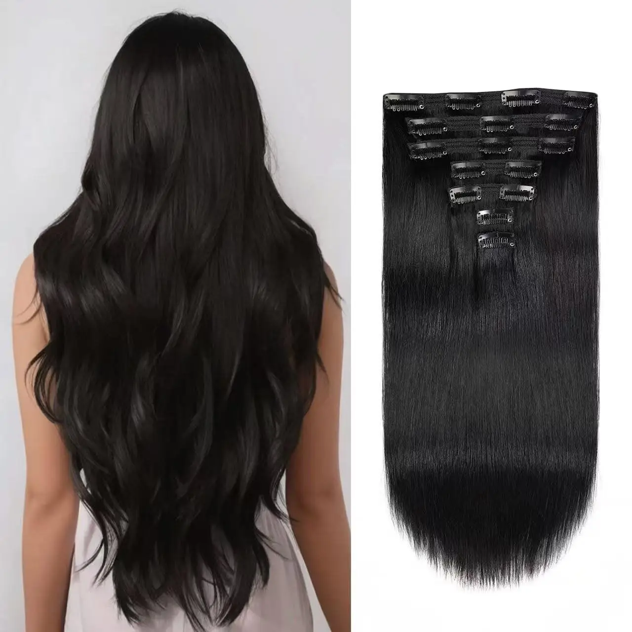 Long Clip In Hair Extensions 7 Pieces Human Hair 26-28inch #1B For Dramatic Length & Volume