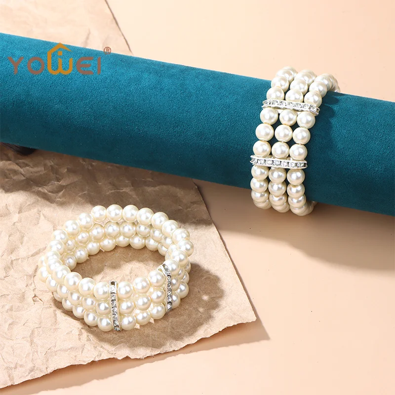 Latest 3 Rows Pearl Rhinestone Bracelet Elasticity Bracelet Simulated Pearl Multilayer Beaded Bangles Women Jewelry Gift