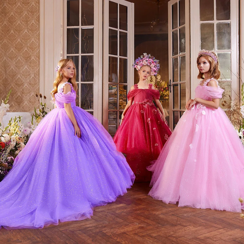 

Purple Tulle Flower Girl Dresses Sleeveless Princess Party Floral Kids First Communion Dress Birthday Pageant Ball Gowns